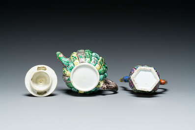 A Chinese clobbered blue and white ewer, a plate and a verte biscuit teapot, Kangxi