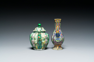 A Chinese clobbered blue and white ewer, a plate and a verte biscuit teapot, Kangxi