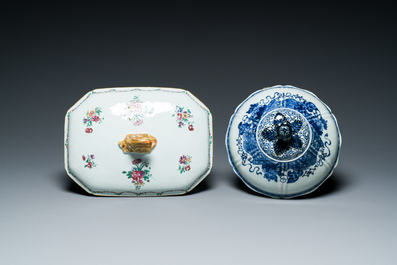 Two Chinese blue, white and famille rose tureens and covers on stands, Qianlong