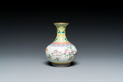 A small Chinese famille rose 'nine peaches' bottle vase, Jiaqing mark, 20th C.
