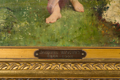 Jacques-Cl&eacute;ment Wagrez (Franse school, 1850-1908): 'Jonge vrouw met bloemenslinger', olie op doek, gedateerd 1881