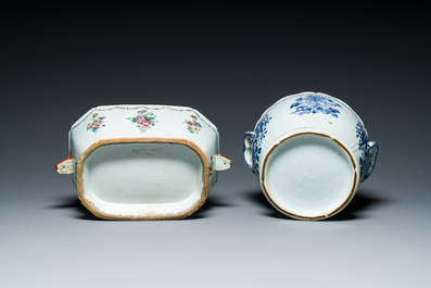 Two Chinese blue, white and famille rose tureens and covers on stands, Qianlong