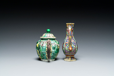 A Chinese clobbered blue and white ewer, a plate and a verte biscuit teapot, Kangxi
