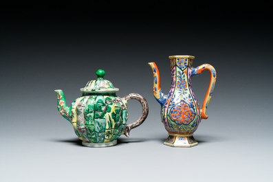 A Chinese clobbered blue and white ewer, a plate and a verte biscuit teapot, Kangxi