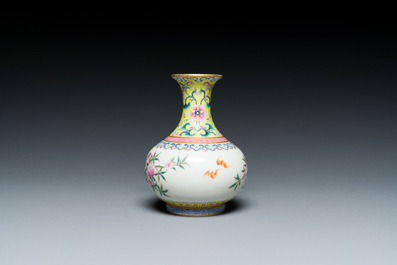 A small Chinese famille rose 'nine peaches' bottle vase, Jiaqing mark, 20th C.