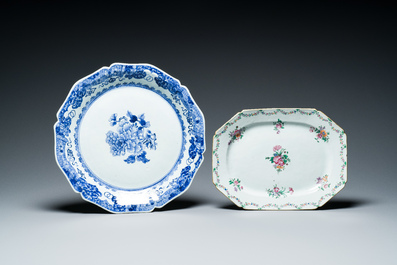 Two Chinese blue, white and famille rose tureens and covers on stands, Qianlong