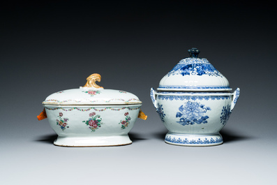 Two Chinese blue, white and famille rose tureens and covers on stands, Qianlong