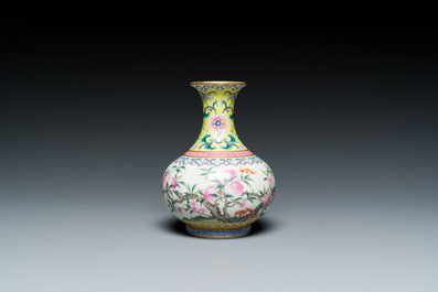A small Chinese famille rose 'nine peaches' bottle vase, Jiaqing mark, 20th C.