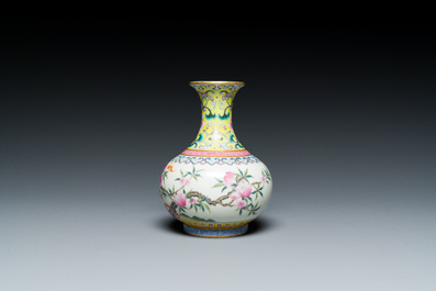 A small Chinese famille rose 'nine peaches' bottle vase, Jiaqing mark, 20th C.