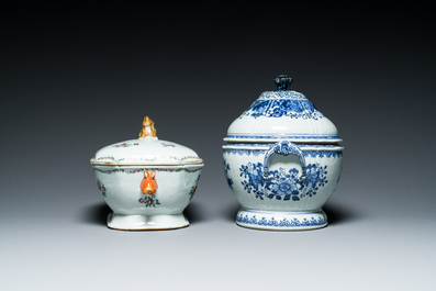 Two Chinese blue, white and famille rose tureens and covers on stands, Qianlong