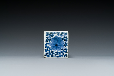 A pair of Japanese blue and white plates and a rectangular pounce pot, Arita, Edo, 18th C.