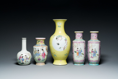 Vijf Chinese famille rose vazen, Qianlong merken, 20e eeuw