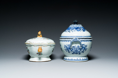 Two Chinese blue, white and famille rose tureens and covers on stands, Qianlong
