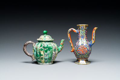 A Chinese clobbered blue and white ewer, a plate and a verte biscuit teapot, Kangxi