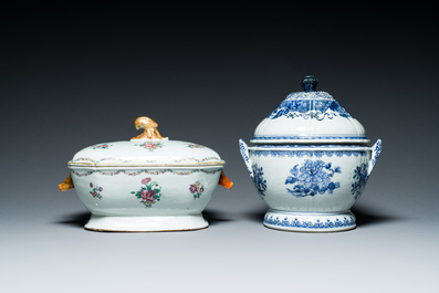 Two Chinese blue, white and famille rose tureens and covers on stands, Qianlong