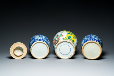 Three Chinese blue, white and famille verte vases, 19th C.