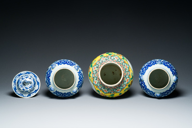 Three Chinese blue, white and famille verte vases, 19th C.