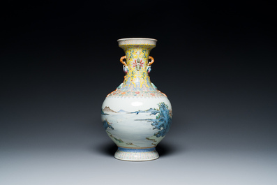 A Chinese famille rose vase with a mountainous landscape, Qianlong mark, Republic