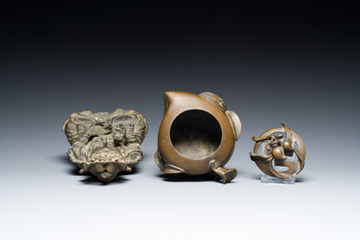 A Chinese bronze Buddha and a peach-shaped incense burner, Ming and Qing