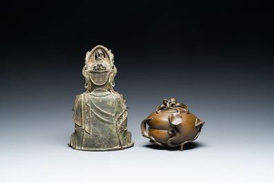 A Chinese bronze Buddha and a peach-shaped incense burner, Ming and Qing