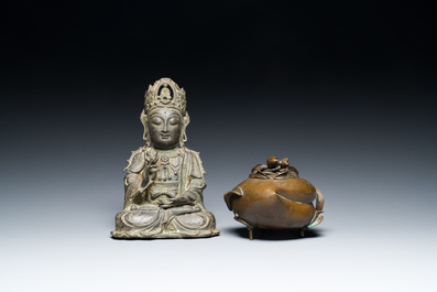 A Chinese bronze Buddha and a peach-shaped incense burner, Ming and Qing