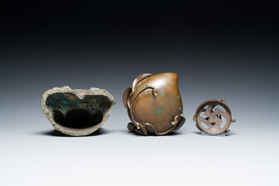 A Chinese bronze Buddha and a peach-shaped incense burner, Ming and Qing