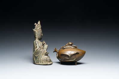 A Chinese bronze Buddha and a peach-shaped incense burner, Ming and Qing