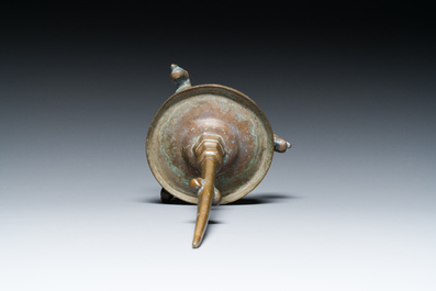 A bronze tripod pricket candlestick, the Low Countries, 14/15th C.