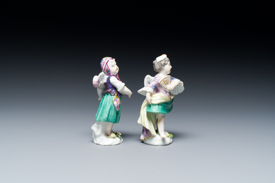 Two putti disguised as a dancer and a courtesan in polychrome Meissen porcelain, Germany, 18th C.