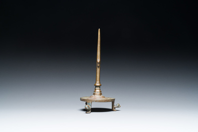 A bronze tripod pricket candlestick, the Low Countries, 14/15th C.