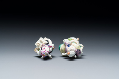 Two putti disguised as a dancer and a courtesan in polychrome Meissen porcelain, Germany, 18th C.