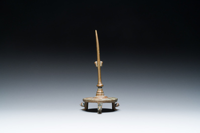 A bronze tripod pricket candlestick, the Low Countries, 14/15th C.