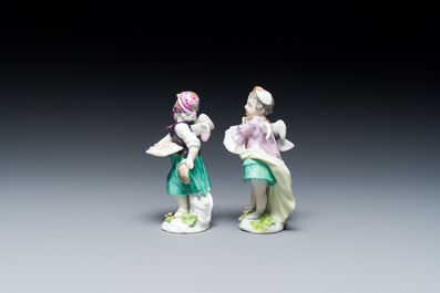 Two putti disguised as a dancer and a courtesan in polychrome Meissen porcelain, Germany, 18th C.