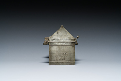 A French pewter casket or chrismatorium with impressed fleur-de-lis seals, 17th C.