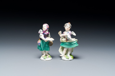 Two putti disguised as a dancer and a courtesan in polychrome Meissen porcelain, Germany, 18th C.
