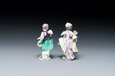 Two putti disguised as a dancer and a courtesan in polychrome Meissen porcelain, Germany, 18th C.