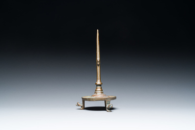 A bronze tripod pricket candlestick, the Low Countries, 14/15th C.