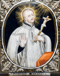 Een plaquette met de heilige J.F. R&eacute;gis in Limoges email, gesigneerd Jean Baptiste II Nouailher, Frankrijk, 18e eeuw