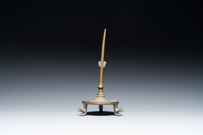 A bronze tripod pricket candlestick, the Low Countries, 14/15th C.