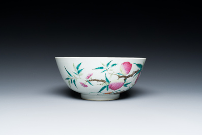 A Chinese famille rose 'nine peaches' bowl, Kangxi mark, 19/20th C.