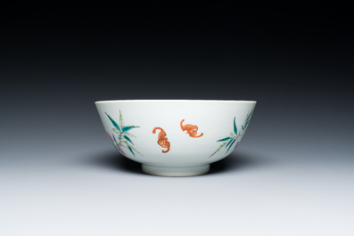 A Chinese famille rose 'nine peaches' bowl, Kangxi mark, 19/20th C.