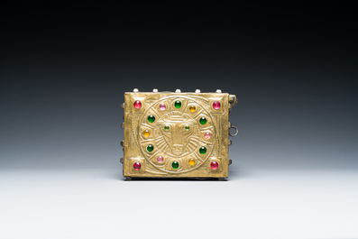 Alfred Daguet (Paris, 1875-1942): A Gothic revival repouss&eacute; brass and copper-mounted metal box with glass cabochons, dated 1907