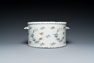 A polychrome Brussels faience cooler with '&Agrave; la haie fleurie' decoration, 18th C.