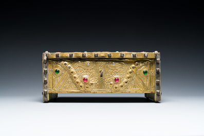 Alfred Daguet (Paris, 1875-1942): A Gothic revival repouss&eacute; brass and copper-mounted metal box with glass cabochons, dated 1907