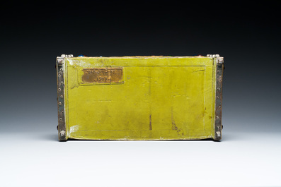 Alfred Daguet (Paris, 1875-1942): A Gothic revival repouss&eacute; brass and copper-mounted metal box with glass cabochons, dated 1907