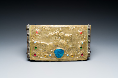Alfred Daguet (Paris, 1875-1942): A Gothic revival repouss&eacute; brass and copper-mounted metal box with glass cabochons, dated 1907