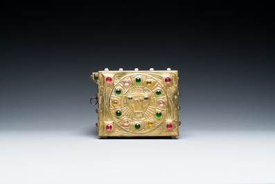 Alfred Daguet (Paris, 1875-1942): A Gothic revival repouss&eacute; brass and copper-mounted metal box with glass cabochons, dated 1907