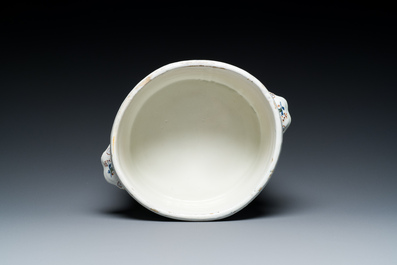 A polychrome Brussels faience cooler with '&Agrave; la haie fleurie' decoration, 18th C.