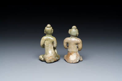 A Vietnamese or Annamese blue and white dish, a Thai Sawankhalok dish and a pair of celadon figures, 14th C. and later