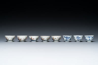 Two Chinese blue and white plates, three cups and saucers and five famille verte cups and saucers, Kangxi
